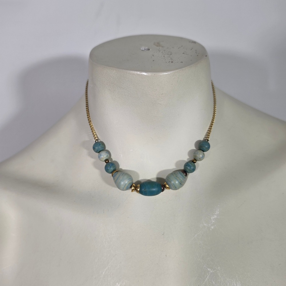 Vintage choker Necklace Women 15in Blue turquoise Beaded Gold Tone 90s boho